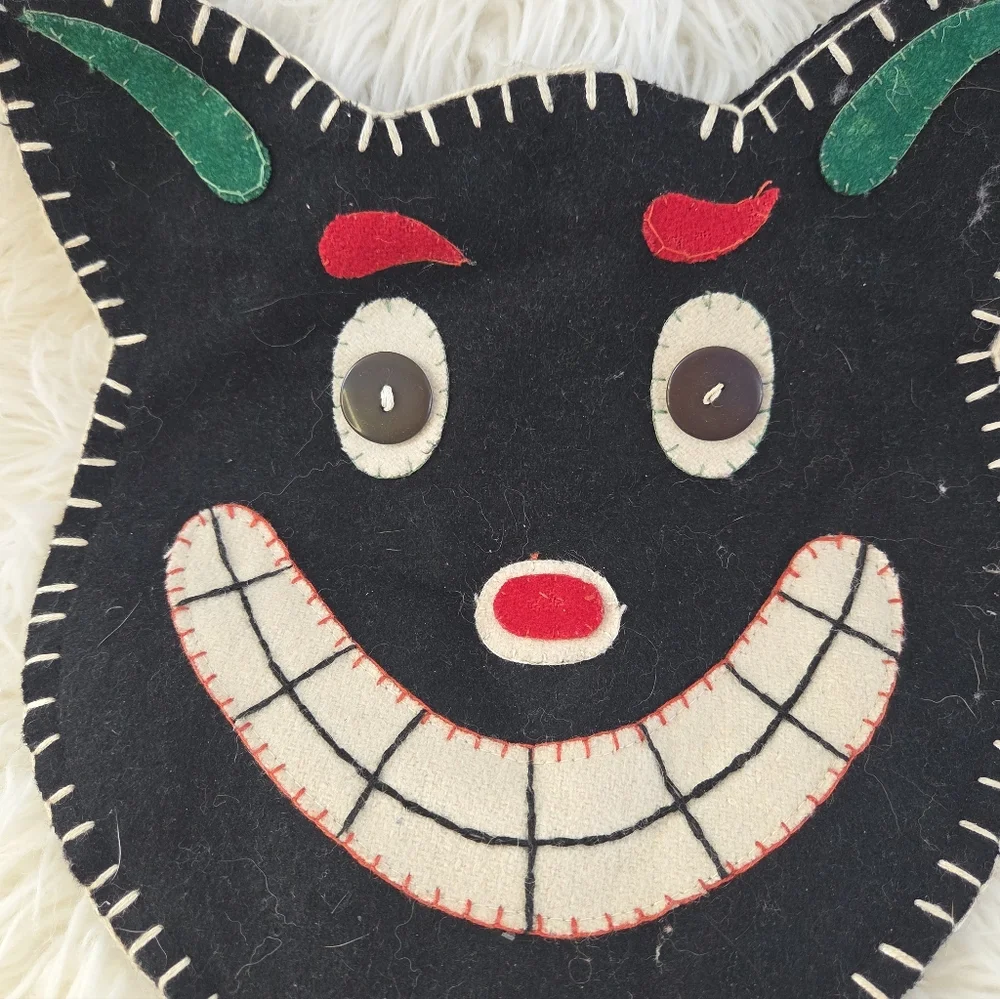 Handmade Vintage TAG Wool Smiling Black Cat Head Crossbody Bag Purse